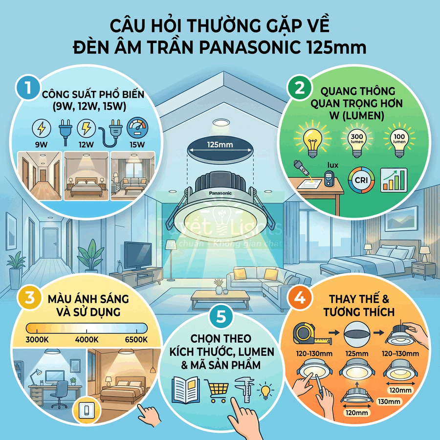 Infographic hướng dẫn chọn và lắp đặt đèn âm trần Panasonic 125mm cho các không gian trong nhà