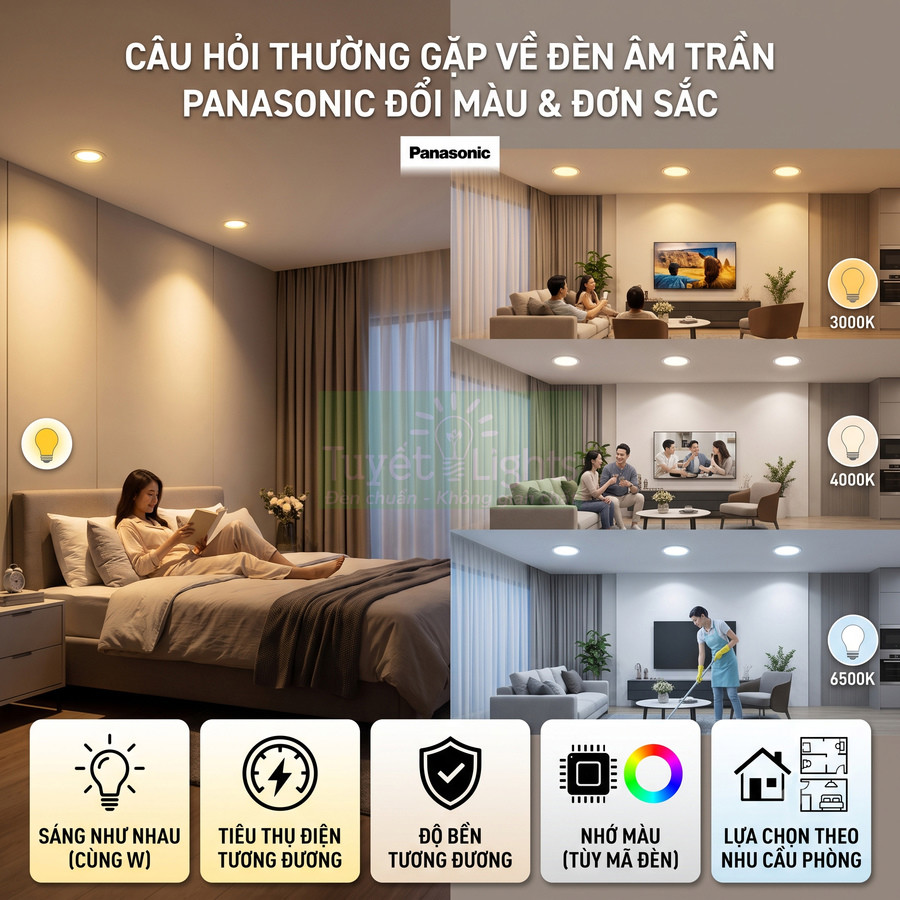 Đèn âm trần Panasonic đổi màu cho phòng ngủ và phòng khách với các mức nhiệt độ màu 3000K 4000K 6500K