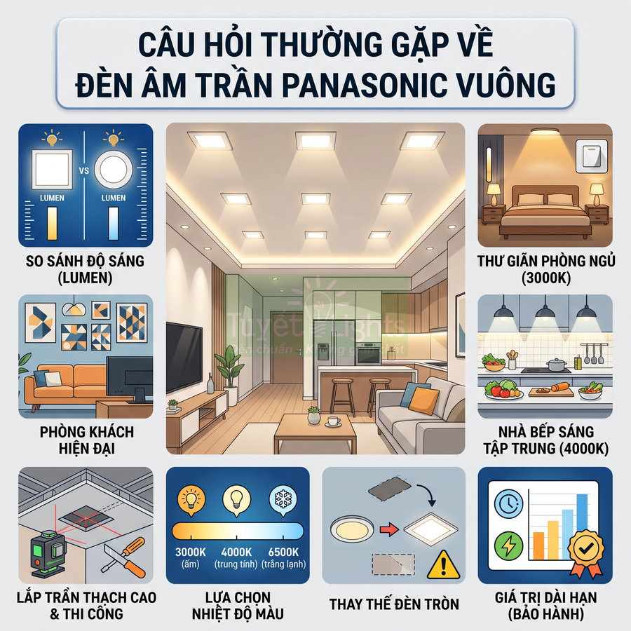 Đèn âm trần Panasonic vuông chiếu sáng phòng khách, phòng ngủ và nhà bếp với nhiều lựa chọn nhiệt độ màu