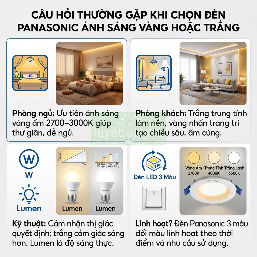Đèn LED Panasonic ánh sáng vàng và trắng cho phòng ngủ, phòng khách, linh hoạt đổi 3 màu theo nhu cầu