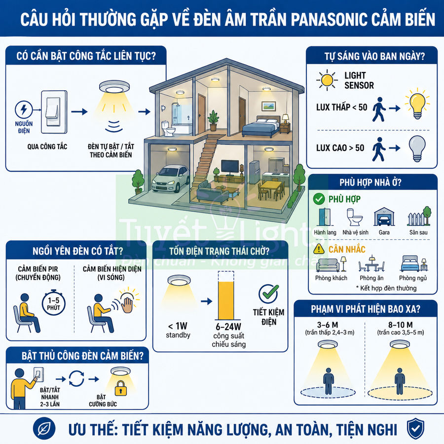 Infographic hướng dẫn sử dụng và lợi ích của đèn âm trần Panasonic cảm biến tiết kiệm điện cho nhà ở