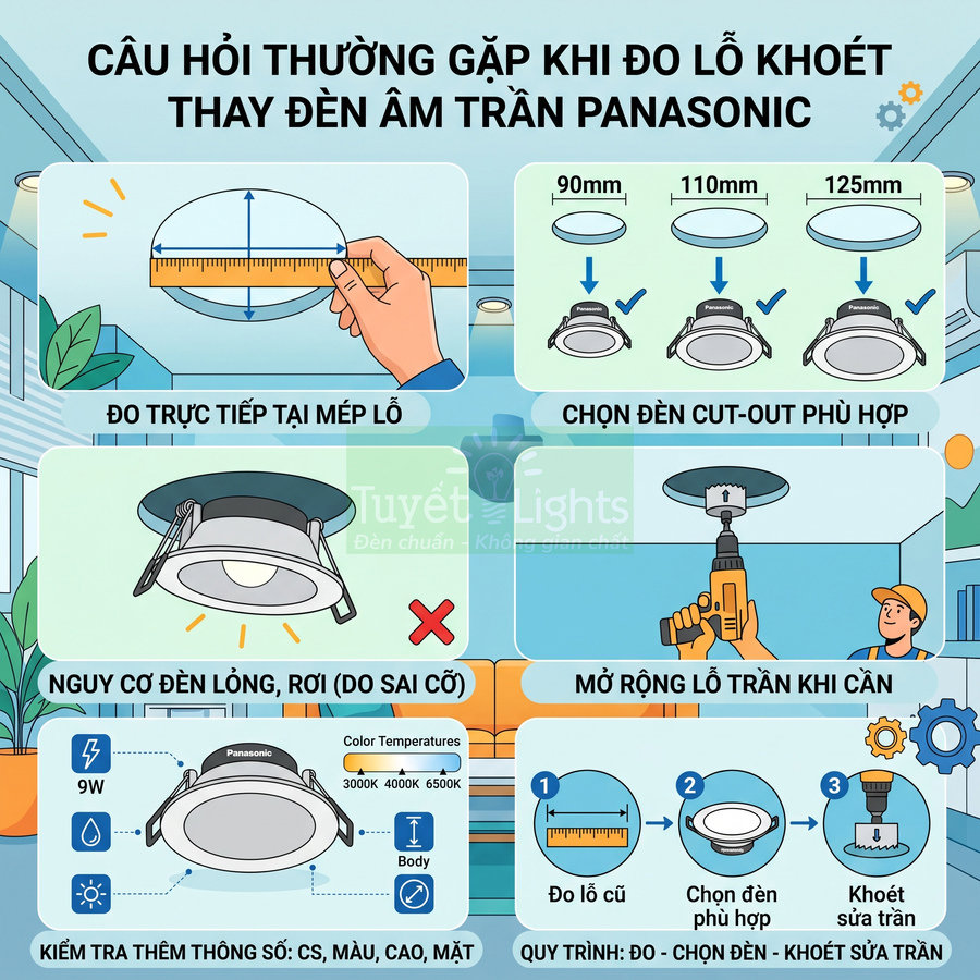 Hướng dẫn đo lỗ khoét và chọn đèn âm trần Panasonic phù hợp, tránh lỏng rơi và kiểm tra thêm thông số đèn