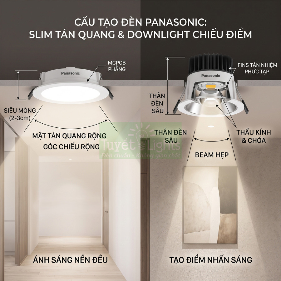 Cấu tạo đèn LED Panasonic slim tán quang và downlight chiếu điểm cho ánh sáng nền và điểm nhấn