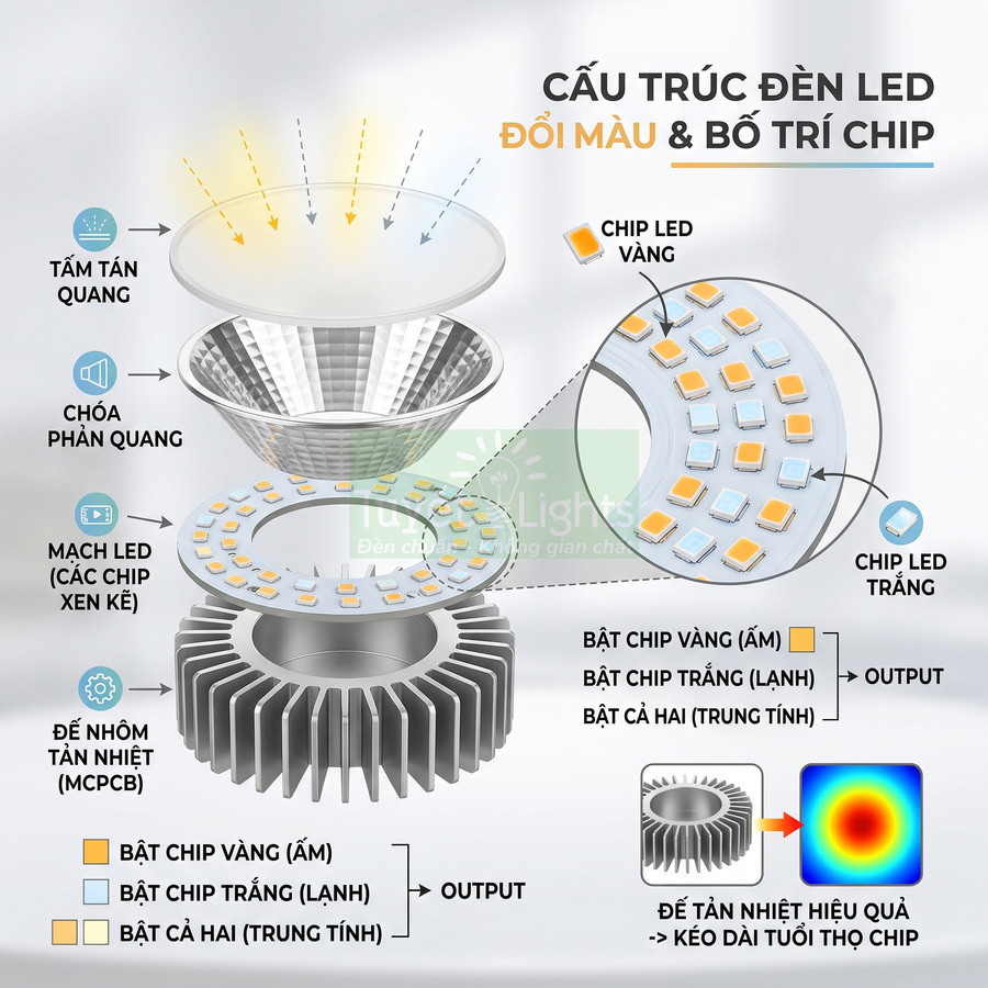 Cấu trúc đèn LED đổi màu với tấm tán quang, chóa phản quang, mạch chip LED vàng trắng và đế nhôm tản nhiệt