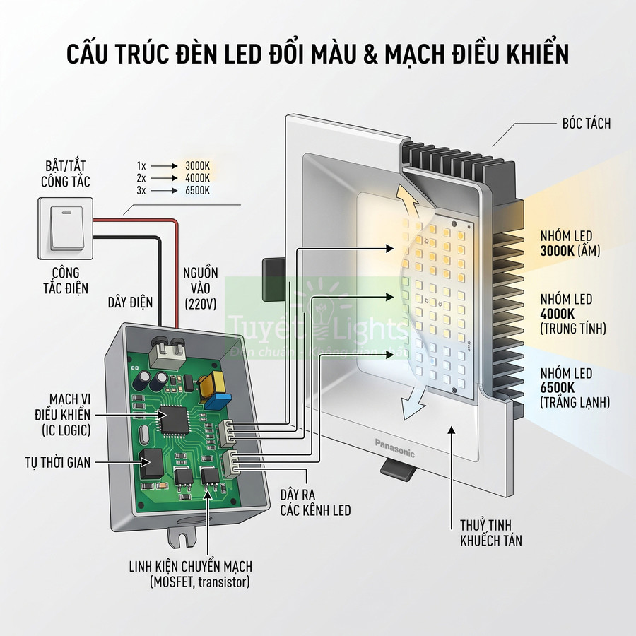 Cấu trúc đèn LED đổi màu Panasonic với mạch điều khiển, chip LED 3000K 4000K 6500K và bộ tản nhiệt