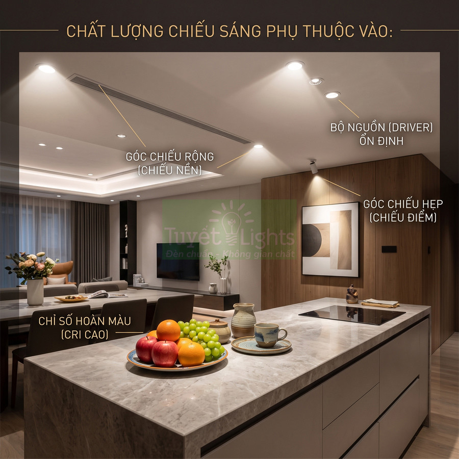 Đèn LED âm trần Tuyết Lights chiếu sáng phòng bếp và phòng khách hiện đại với ánh sáng ấm áp