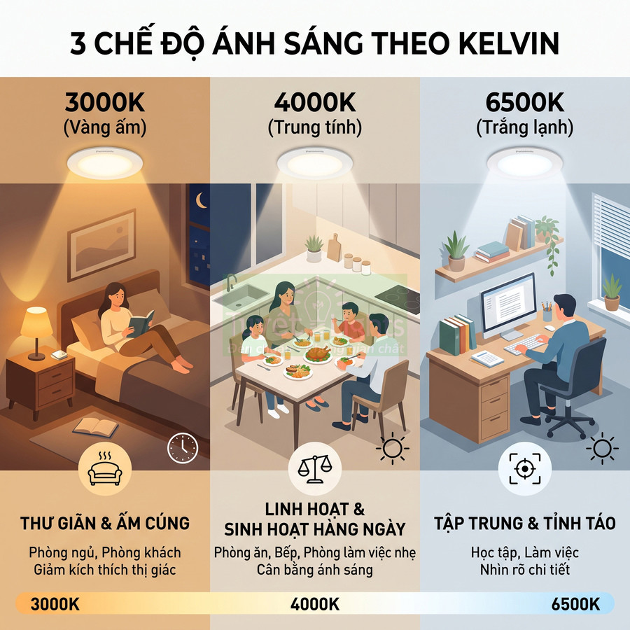 So sánh 3 chế độ ánh sáng đèn trần 3000K 4000K 6500K cho phòng ngủ phòng ăn và góc làm việc
