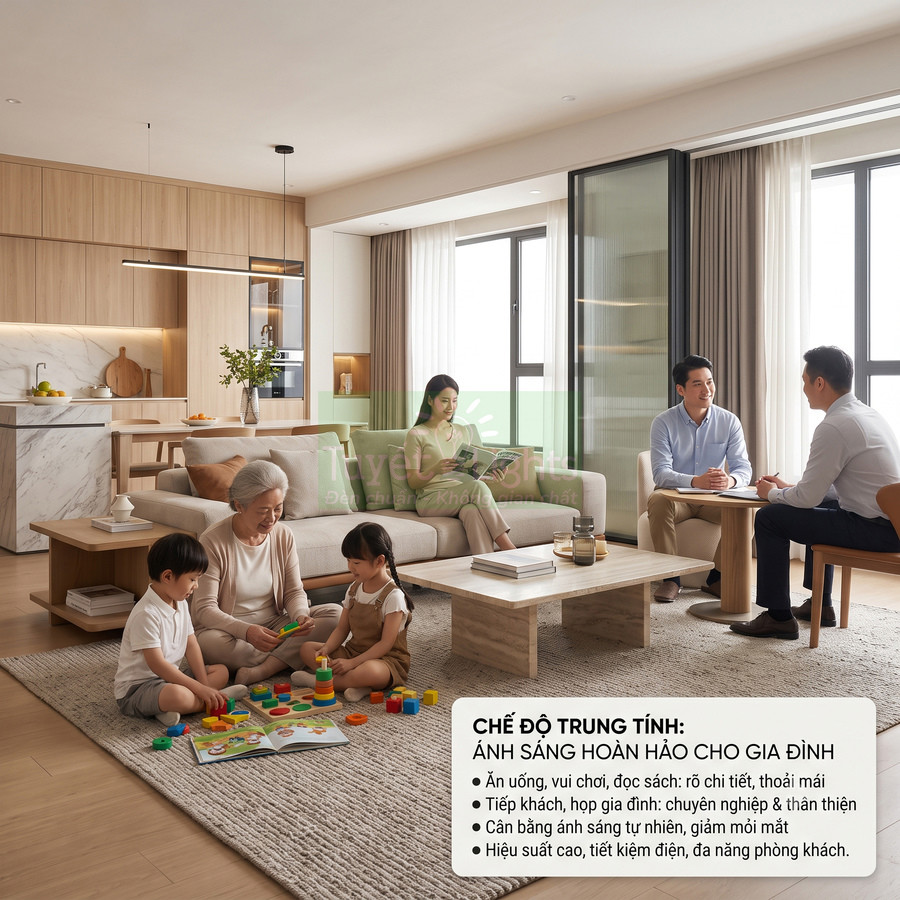 Phòng khách gia đình hiện đại với ánh sáng trung tính, nội thất gỗ sáng và không gian sinh hoạt ấm cúng