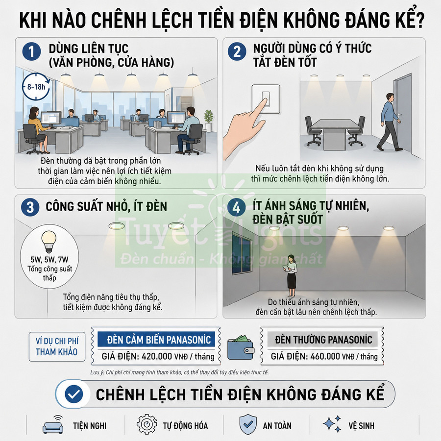 Infographic so sánh chi phí điện giữa đèn cảm biến Panasonic và đèn thường Panasonic trong văn phòng