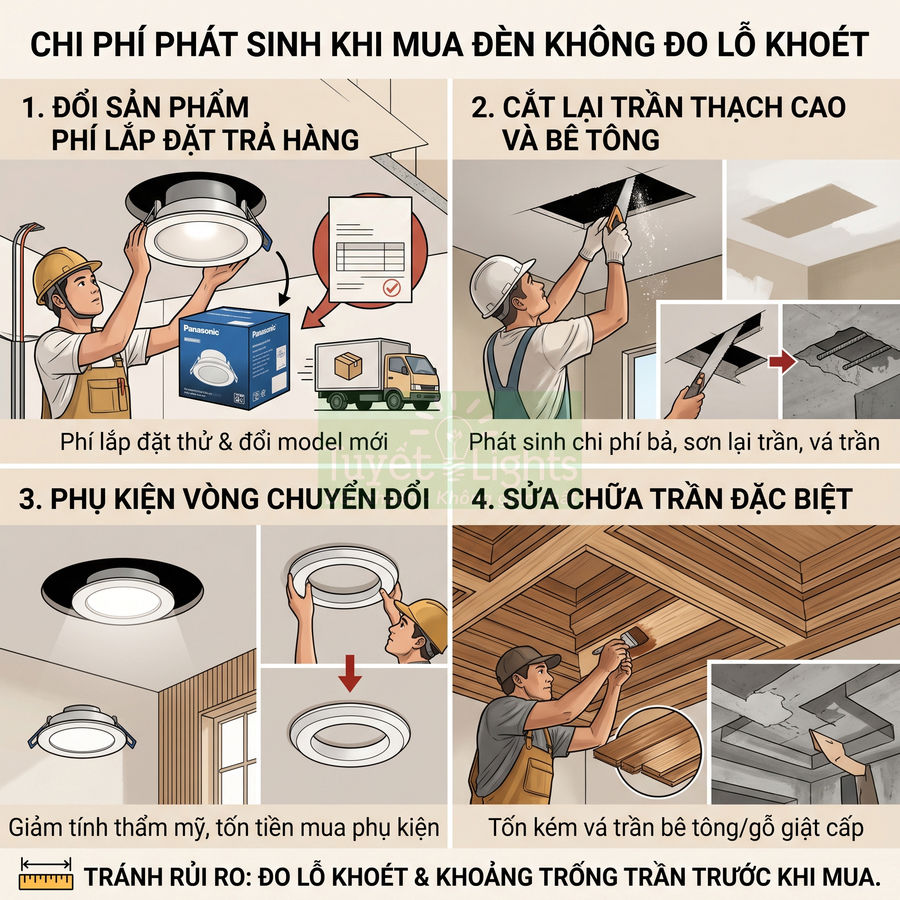 Infographic chi phí phát sinh khi lắp đèn âm trần Panasonic không đo đúng lỗ khoét và trần nhà