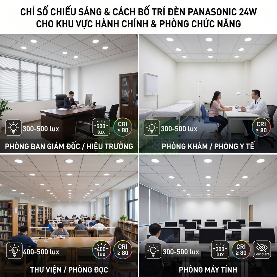 Đèn âm trần Panasonic 24W chiếu sáng phòng giám đốc, phòng khám, thư viện và phòng máy tính trong khu hành chính