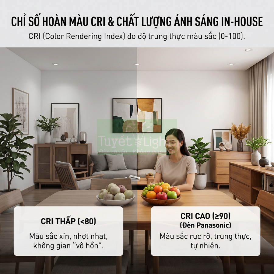 So sánh ánh sáng đèn Panasonic CRI cao và CRI thấp trong phòng khách, làm nổi bật màu sắc trái cây và nội thất