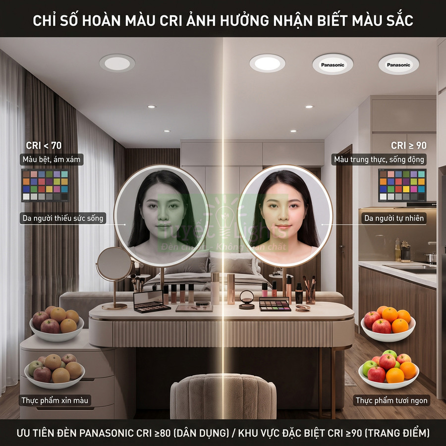 So sánh ánh sáng đèn âm trần Panasonic CRI thấp và CRI cao, làm nổi bật màu da và thực phẩm tự nhiên