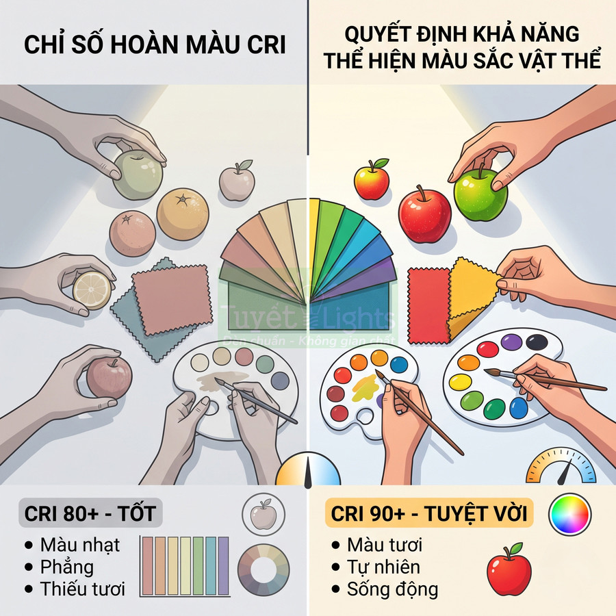 So sánh chỉ số hoàn màu CRI 80 và CRI 90 trong chiếu sáng, minh họa độ tươi và trung thực của màu sắc