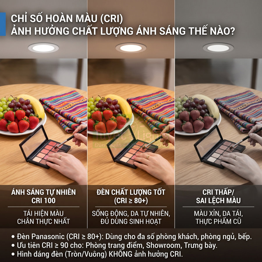 So sánh chất lượng ánh sáng đèn LED theo chỉ số hoàn màu CRI khi trang điểm và bày trái cây trên bàn
