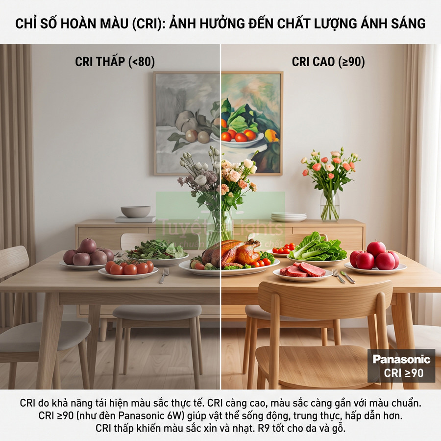 So sánh ánh sáng CRI thấp và CRI cao của đèn Panasonic CRI ≥90 trong phòng ăn với bàn ăn nhiều món ăn