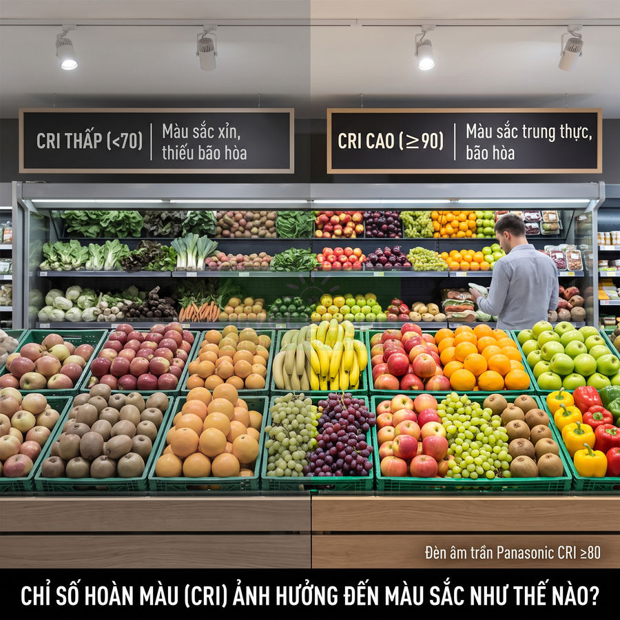 So sánh ánh sáng CRI thấp và cao chiếu lên quầy rau củ quả trong siêu thị dùng đèn âm trần Panasonic