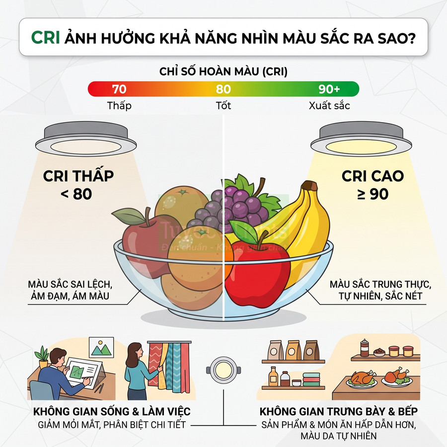 So sánh ánh sáng đèn LED CRI thấp và CRI cao chiếu vào tô trái cây, minh họa độ trung thực màu sắc
