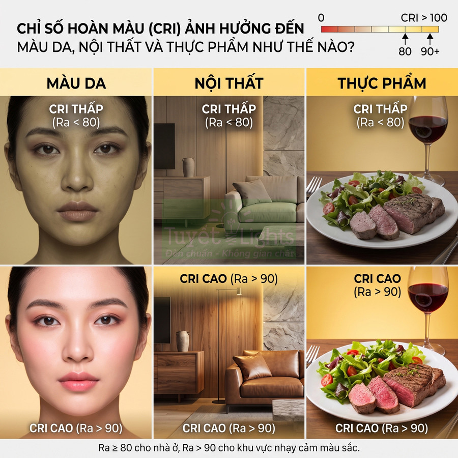 So sánh chỉ số hoàn màu CRI thấp và cao cho da mặt, nội thất phòng khách và món bít tết salad trên bàn ăn