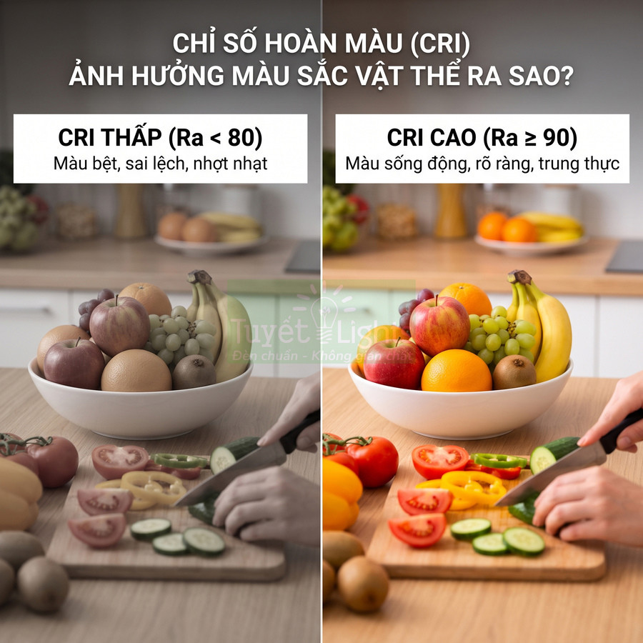 So sánh chỉ số hoàn màu CRI thấp và CRI cao qua tô trái cây và rau củ được cắt trên thớt trong bếp
