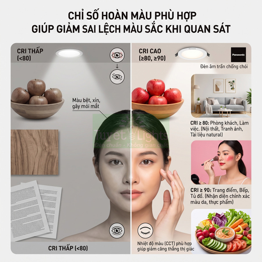 Đèn âm trần Panasonic CRI cao giúp tái hiện màu sắc chân thực cho phòng khách, trang điểm và thực phẩm