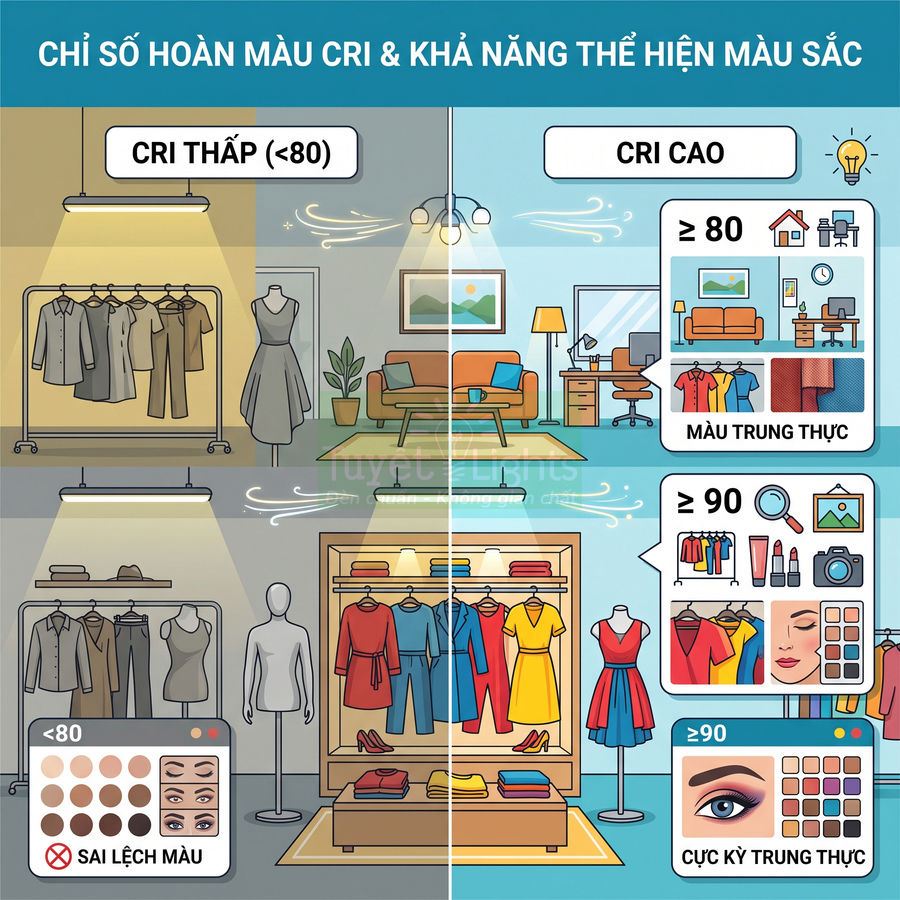 So sánh ánh sáng CRI thấp và CRI cao trong cửa hàng quần áo và phòng khách, thể hiện độ trung thực màu sắc
