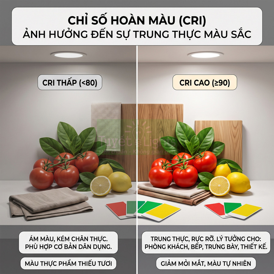 So sánh ánh sáng CRI thấp và CRI cao chiếu vào cà chua, chanh và lá xanh trên bàn để minh họa độ trung thực màu sắc