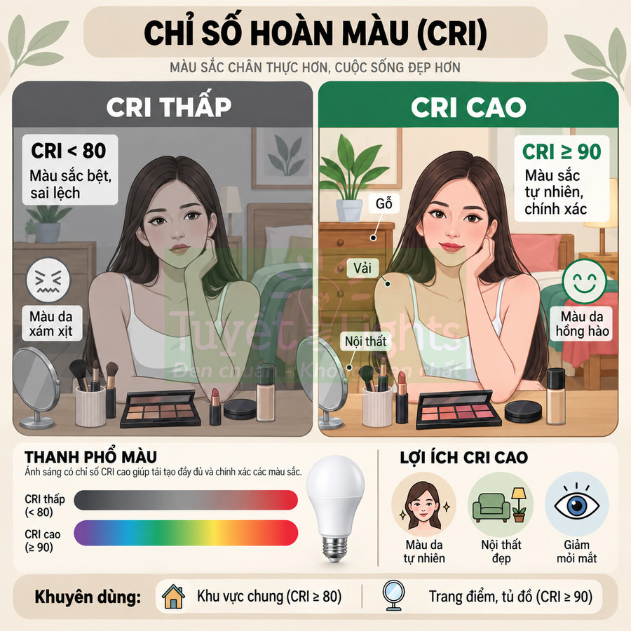 So sánh ánh sáng CRI thấp và CRI cao khi trang điểm, minh họa màu da và đồ nội thất thay đổi dưới hai loại đèn