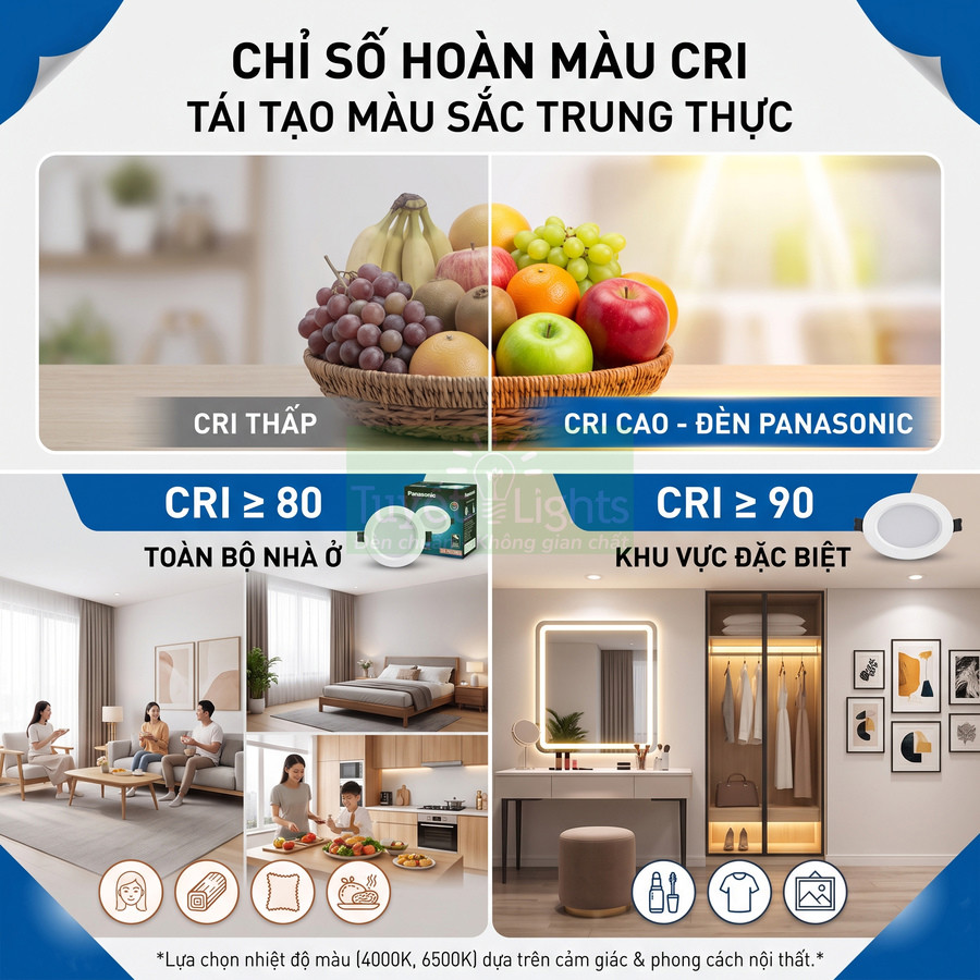 Đèn LED Panasonic CRI cao tái tạo màu sắc trung thực cho không gian nhà ở và khu vực trang điểm, tủ quần áo