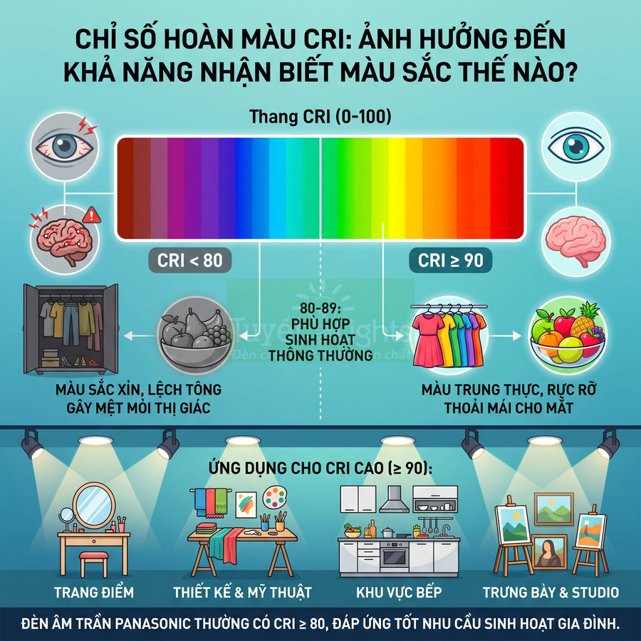 Infographic chỉ số hoàn màu CRI và ứng dụng đèn âm trần Panasonic CRI cao cho trang điểm, thiết kế, bếp và trưng bày