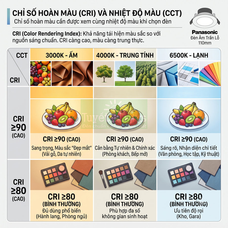 Bảng so sánh chỉ số hoàn màu CRI và nhiệt độ màu CCT cho đèn âm trần Panasonic