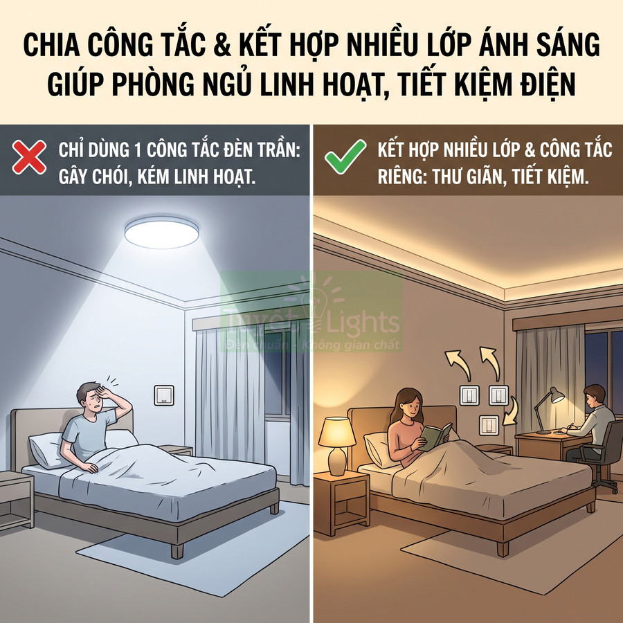 So sánh phòng ngủ dùng một đèn trần chói với phòng ngủ dùng nhiều lớp đèn và công tắc riêng tiết kiệm điện