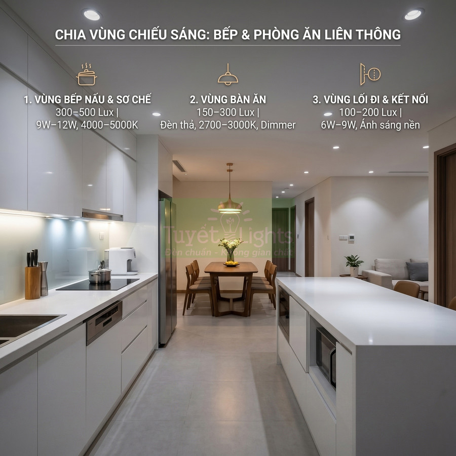 Hệ thống đèn LED chiếu sáng bếp và phòng ăn liên thông hiện đại với tủ bếp trắng và bàn ăn gỗ