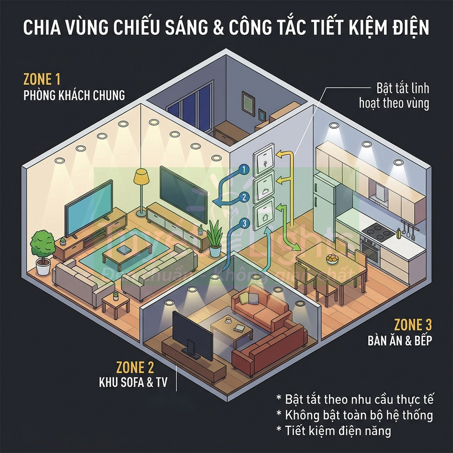 Sơ đồ chia vùng chiếu sáng phòng khách và bếp với công tắc điều khiển từng khu vực tiết kiệm điện