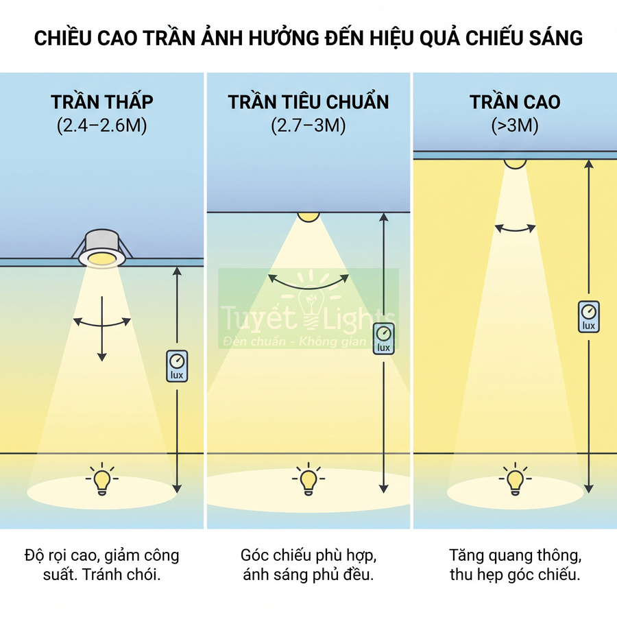 Minh họa ảnh hưởng chiều cao trần thấp tiêu chuẩn cao đến hiệu quả chiếu sáng đèn âm trần