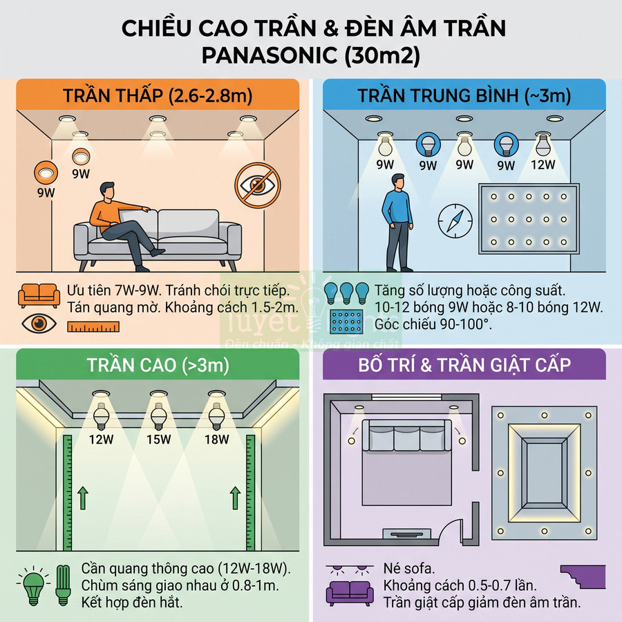 Hướng dẫn chọn công suất và bố trí đèn âm trần Panasonic cho phòng 30m2 theo chiều cao trần