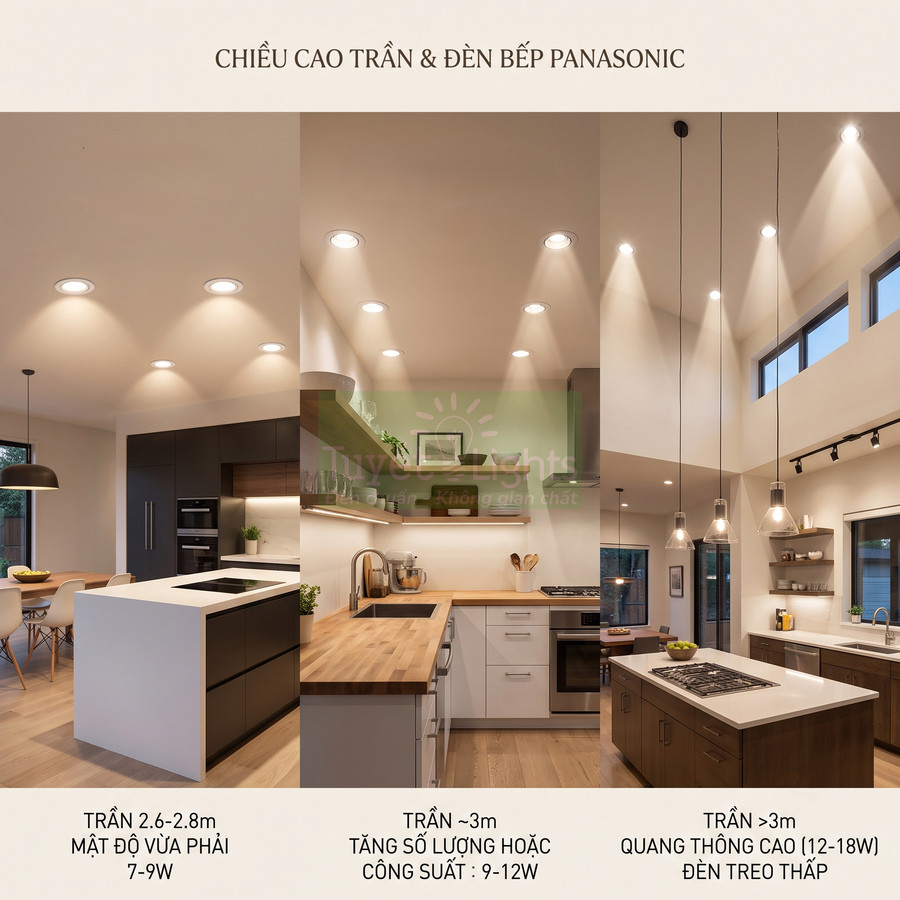Đèn bếp Panasonic lắp âm trần và đèn thả hiện đại trong không gian bếp gia đình cao cấp