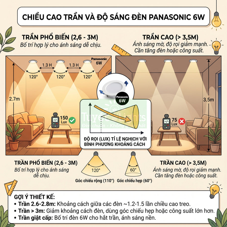Hướng dẫn bố trí đèn âm trần Panasonic 6W cho trần nhà cao thấp để đạt độ sáng phù hợp trong phòng khách