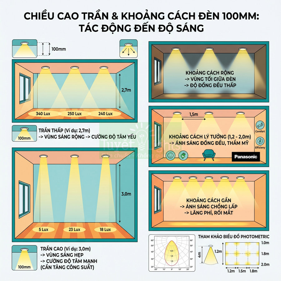 Infographic Panasonic hướng dẫn chọn chiều cao trần và khoảng cách đèn âm trần 100mm để tối ưu độ sáng phòng