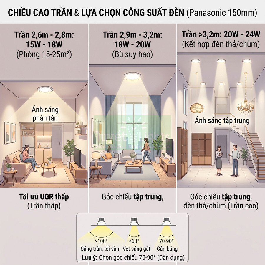 Hướng dẫn chọn công suất đèn LED âm trần Panasonic 150mm theo chiều cao trần và góc chiếu sáng