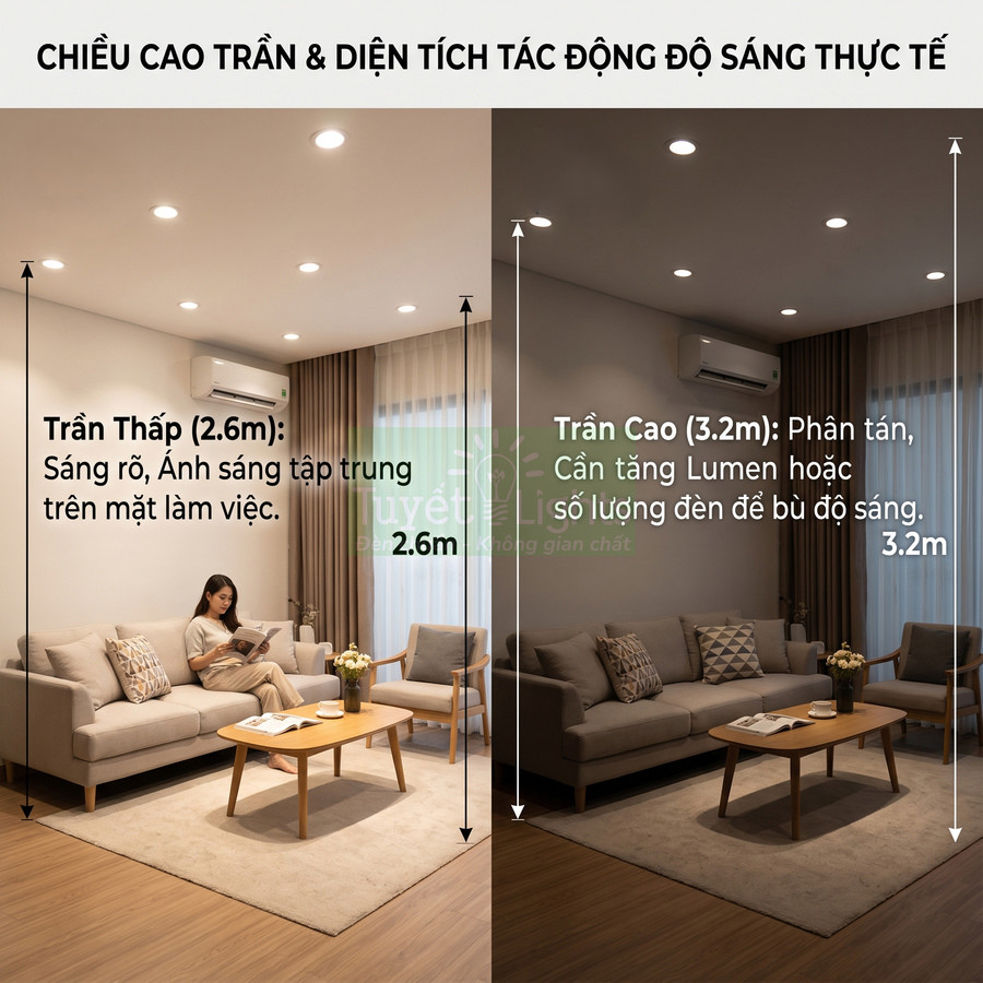 So sánh phòng khách dùng đèn âm trần với trần thấp 2.6m sáng rõ và trần cao 3.2m ánh sáng phân tán
