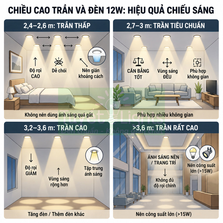 Minh họa hiệu quả chiếu sáng đèn âm trần 12W cho các độ cao trần nhà khác nhau trong phòng ngủ và phòng khách