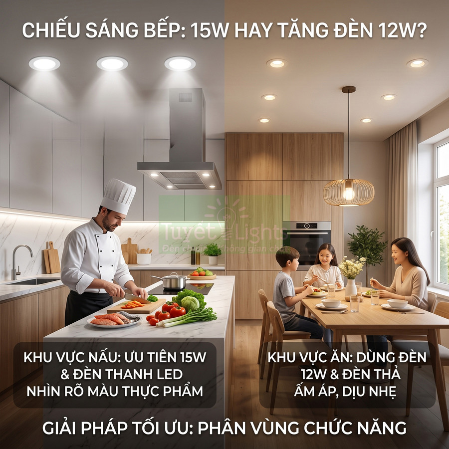 Đèn LED âm trần 15W và 12W chiếu sáng bếp và bàn ăn trong không gian bếp gia đình hiện đại