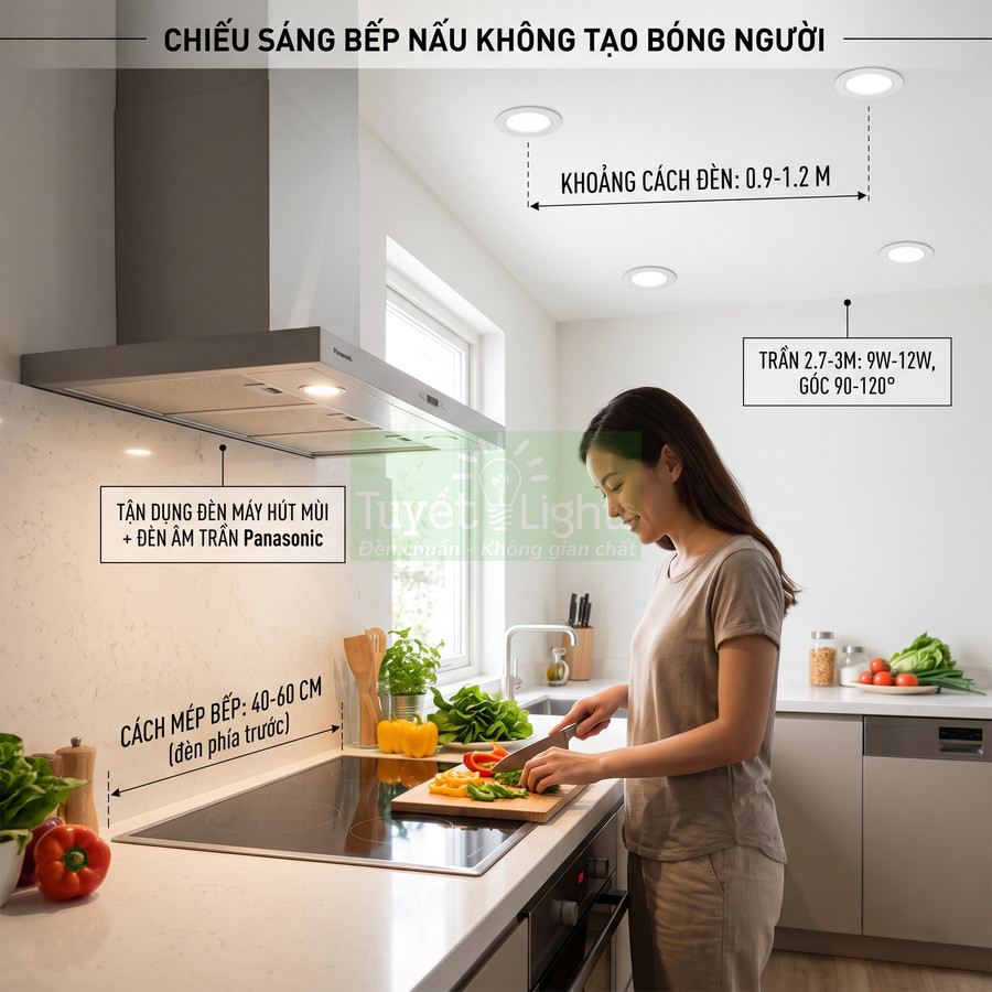 Đèn âm trần Panasonic chiếu sáng bếp nấu hiện đại, người phụ nữ thái rau củ trên bàn bếp sạch sẽ