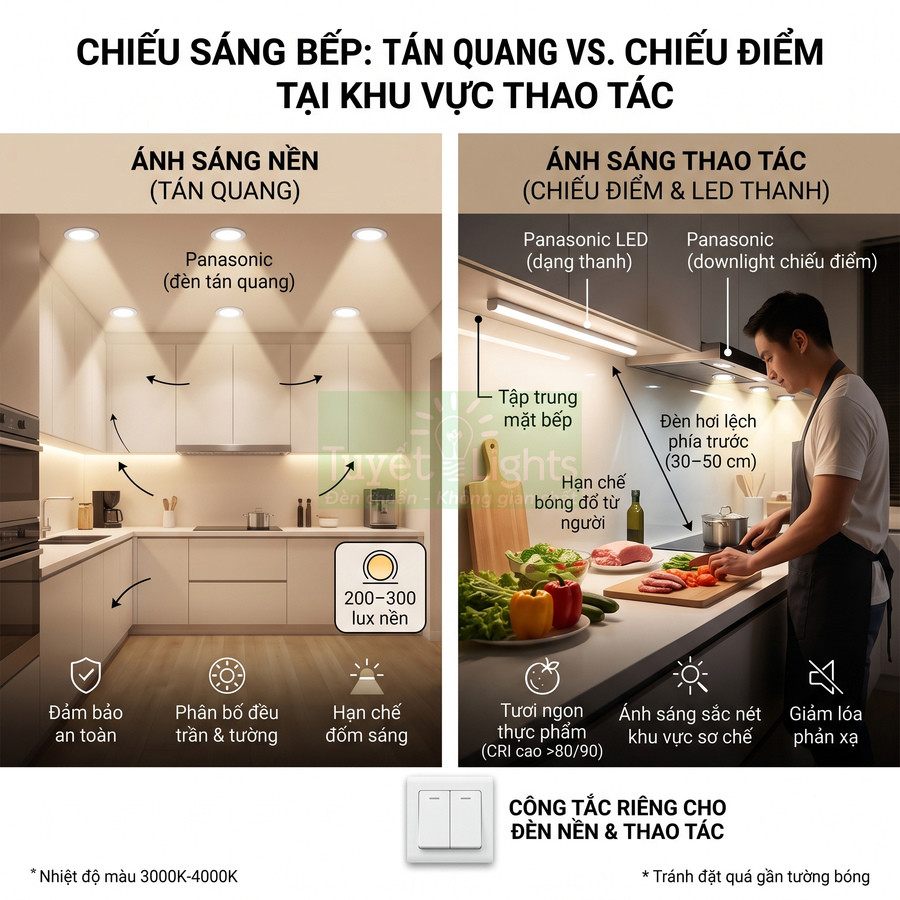So sánh chiếu sáng bếp với đèn Panasonic tán quang và đèn LED chiếu điểm cho khu vực nấu ăn