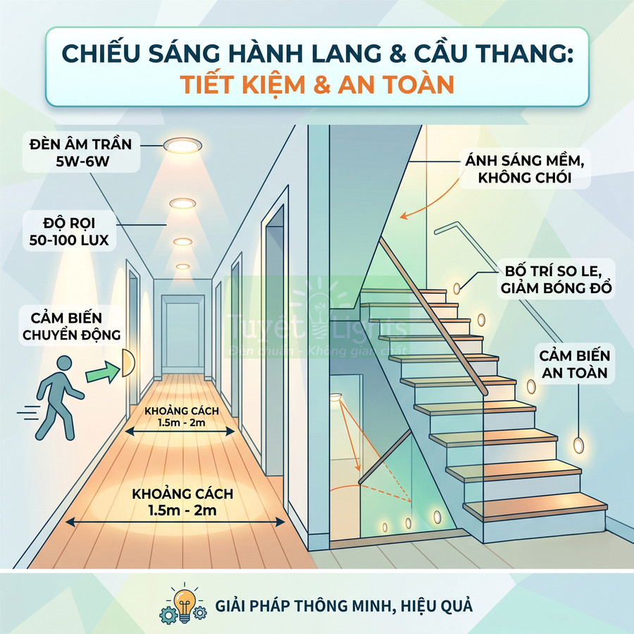Giải pháp chiếu sáng hành lang và cầu thang với đèn âm trần LED và cảm biến chuyển động tiết kiệm điện