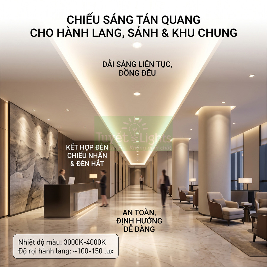 Hệ thống đèn chiếu sáng tán quang cho hành lang sảnh khách sạn hiện đại, ánh sáng liên tục đồng đều