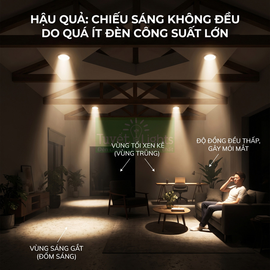 Phòng khách dùng ít đèn trần công suất lớn tạo vùng sáng gắt và vùng tối xen kẽ, ánh sáng không đều gây mỏi mắt