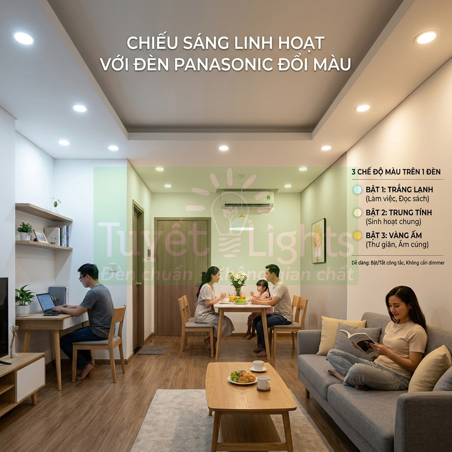 Đèn LED Panasonic đổi màu chiếu sáng phòng khách và phòng ăn gia đình hiện đại