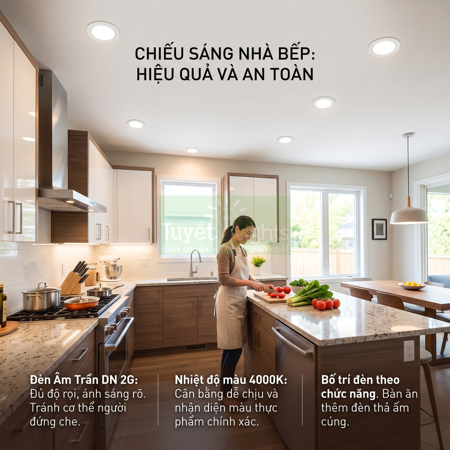 Đèn âm trần DN 2G chiếu sáng nhà bếp hiện đại, ánh sáng 4000K rõ nét giúp chuẩn bị thực phẩm an toàn